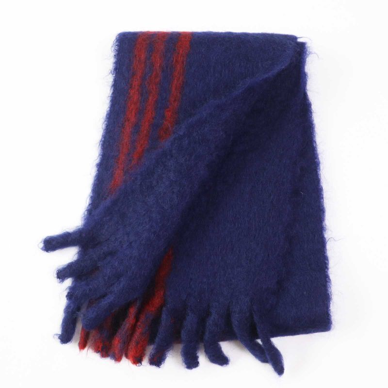 LOEWE Mohair Wool Leather Scarf With Patch And Fringe Navy Red Made In Spain