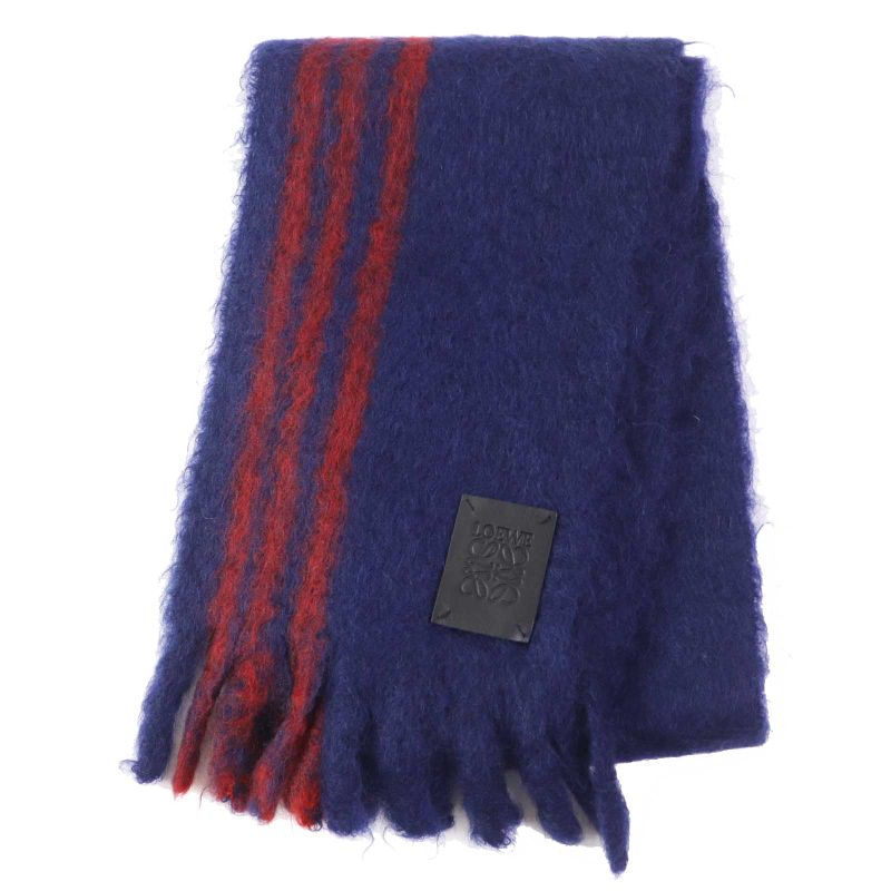 LOEWE Mohair Wool Leather Scarf With Patch And Fringe Navy Red Made In Spain
