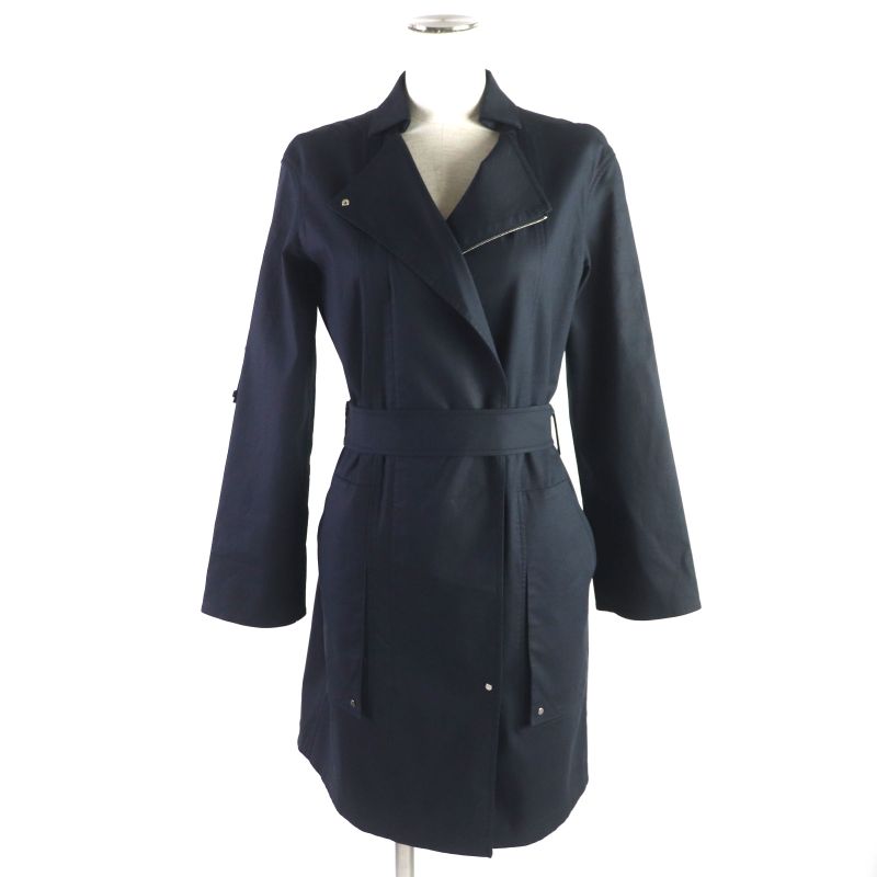 Hermes Silk Blend Silver Hardware H Logo Button Belted Zip-up Coat Navy 34