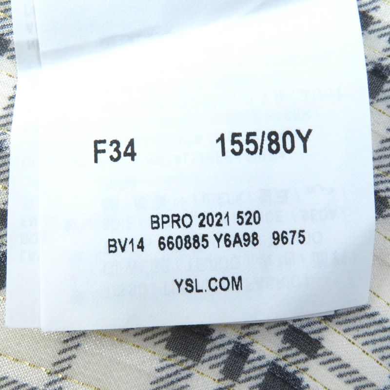 Saint Laurent Paris 2021 660885 Silk Gold Lame Checked Bow Tie Blouse Long