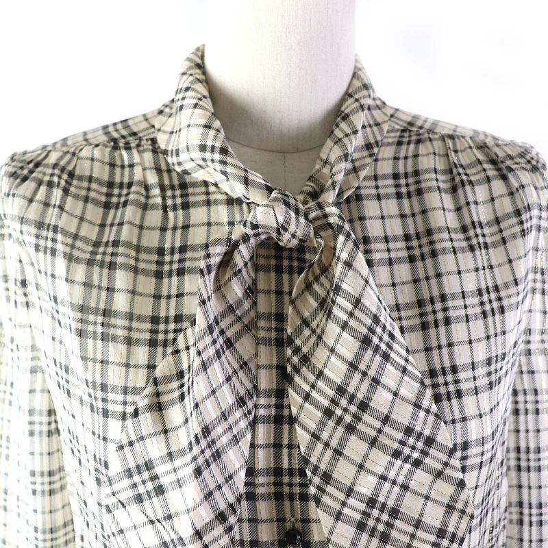 Saint Laurent Paris 2021 660885 Silk Gold Lame Checked Bow Tie Blouse Long