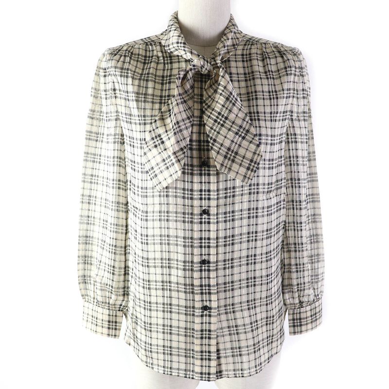 Saint Laurent Paris 2021 660885 Silk Gold Lame Checked Bow Tie Blouse Long