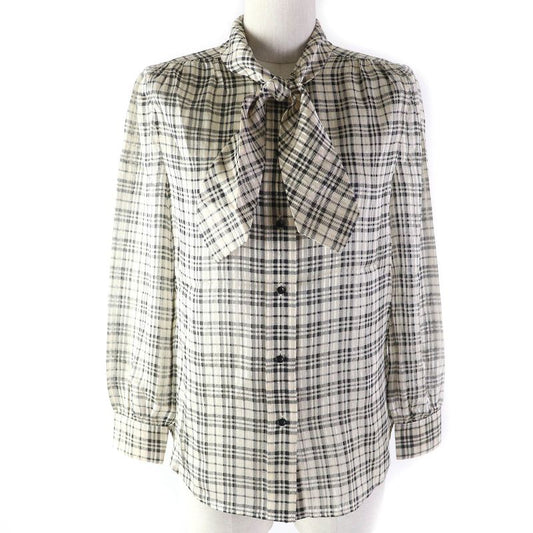 Saint Laurent Paris 2021 660885 Silk Gold Lame Checked Bow Tie Blouse Long