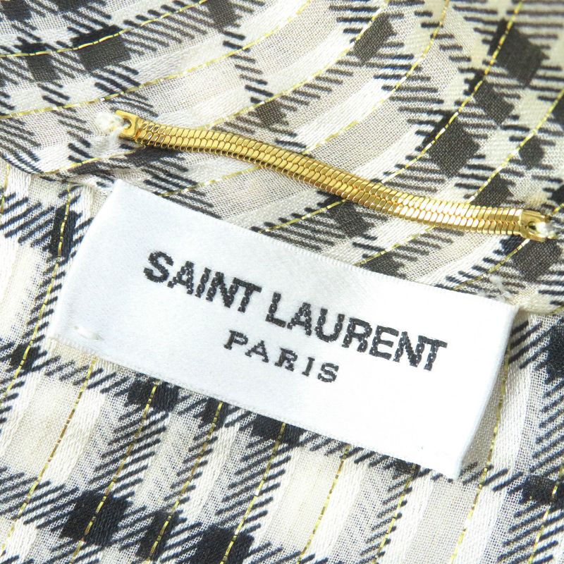 Saint Laurent Paris 2021 660885 Silk Gold Lame Checked Bow Tie Blouse Long