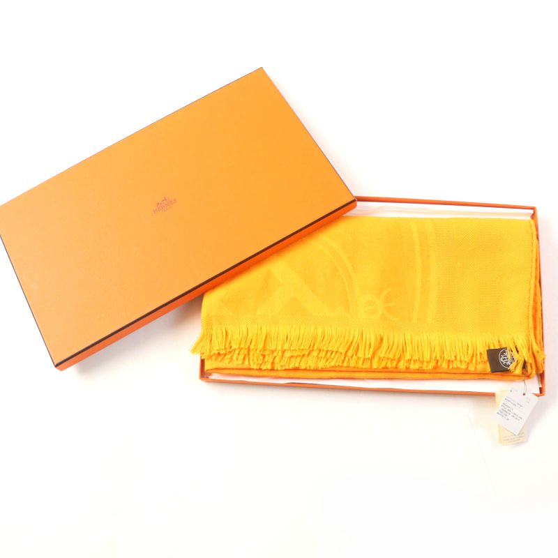 Hermes H262494s New Livris Cashmere Silk Fringed Large Shawl Stole Orange With