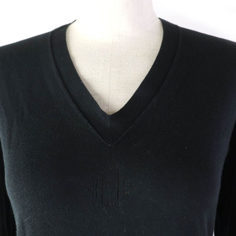 Hermes Cotton Silk Blend H Logo V-neck Long Sleeve Knit Top Sweater Black 34