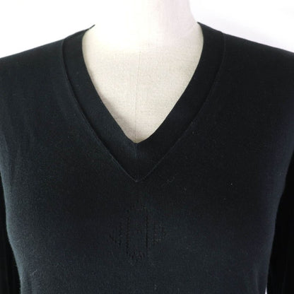 Hermes Cotton Silk Blend H Logo V-neck Long Sleeve Knit Top Sweater Black 34