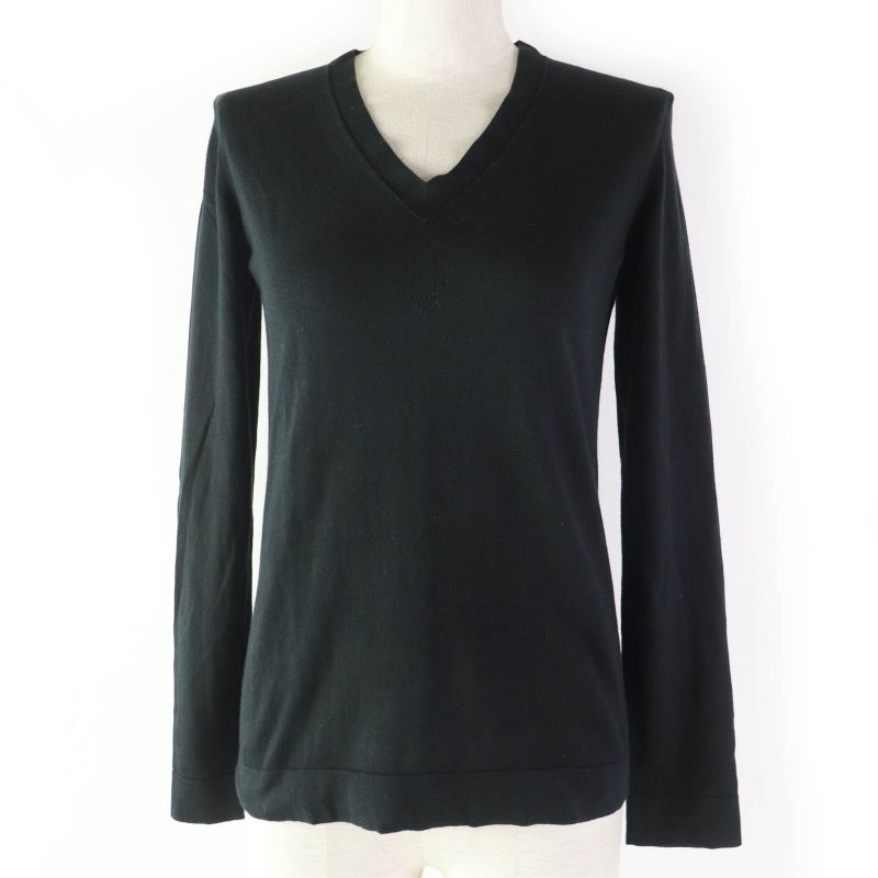 Hermes Cotton Silk Blend H Logo V-neck Long Sleeve Knit Top Sweater Black 34