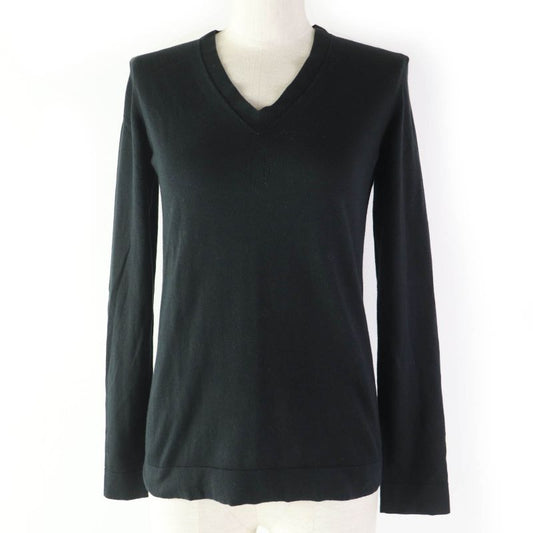 Hermes Cotton Silk Blend H Logo V-neck Long Sleeve Knit Top Sweater Black 34