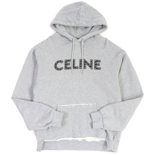 Celine 2y309052h 100% Cotton Studded Logo Print Hem Cutoff Pullover Hoodie Grey