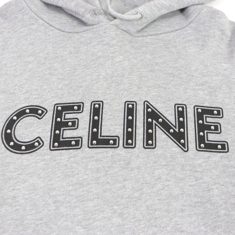 Celine 2y309052h 100% Cotton Studded Logo Print Hem Cutoff Pullover Hoodie Grey