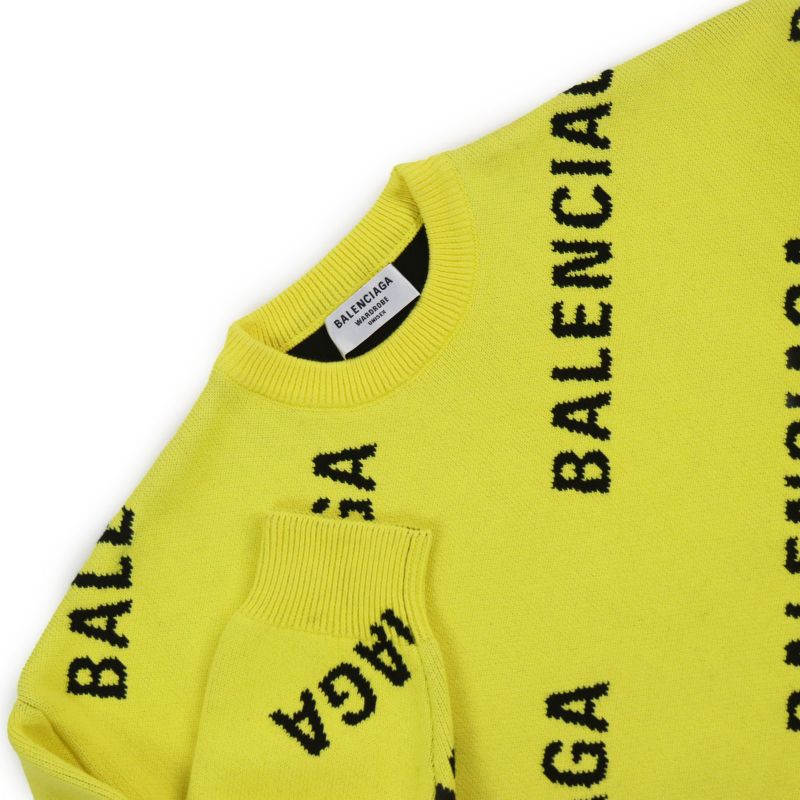 Balenciaga 2020 657528 Wardrobe Jacquard Logo Crewneck Knit Sweater Yellow