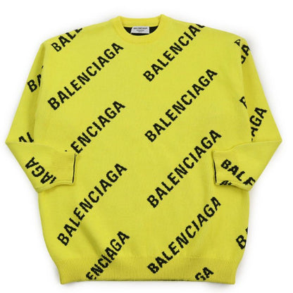 Balenciaga 2020 657528 Wardrobe Jacquard Logo Crewneck Knit Sweater Yellow