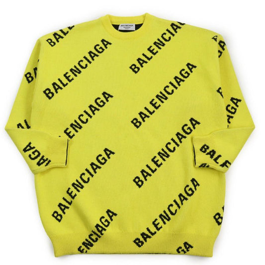 Balenciaga 2020 657528 Wardrobe Jacquard Logo Crewneck Knit Sweater Yellow