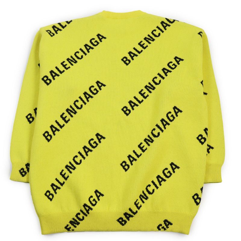Balenciaga 2020 657528 Wardrobe Jacquard Logo Crewneck Knit Sweater Yellow