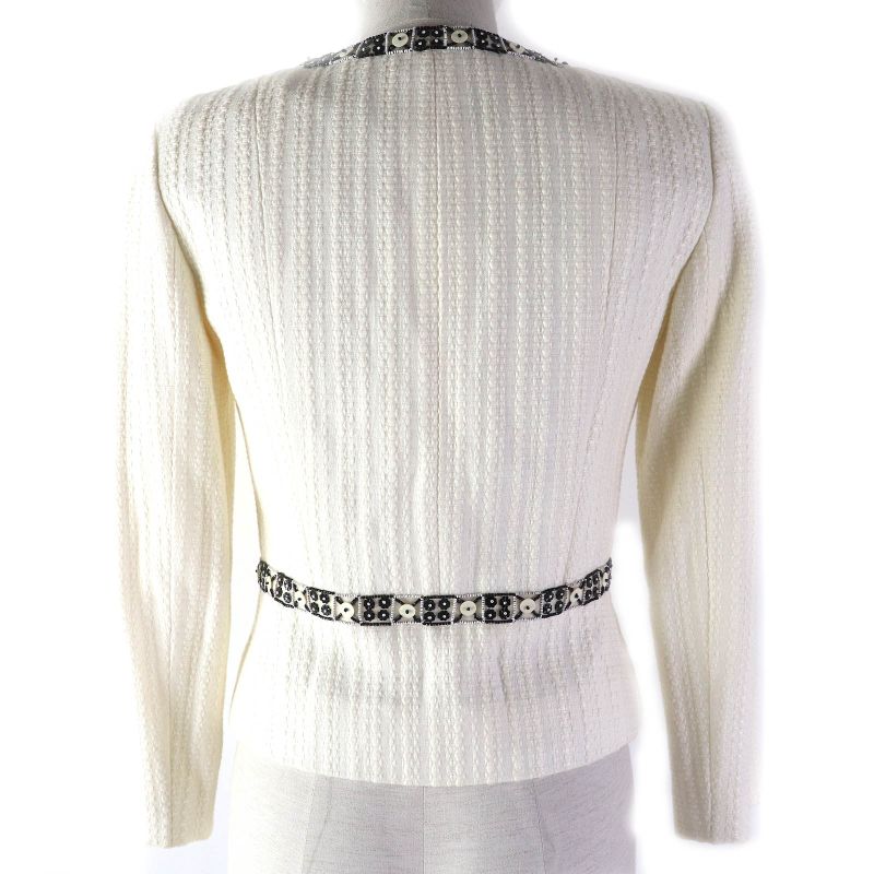CHANEL 03P P23760 Cotton Linen Coco Marks Motif Beaded Zip Up Collarless Jacket
