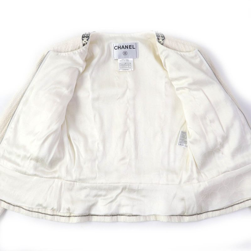 CHANEL 03P P23760 Cotton Linen Coco Marks Motif Beaded Zip Up Collarless Jacket