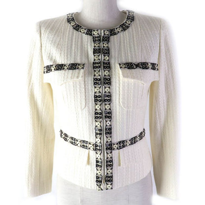 CHANEL 03P P23760 Cotton Linen Coco Marks Motif Beaded Zip Up Collarless Jacket