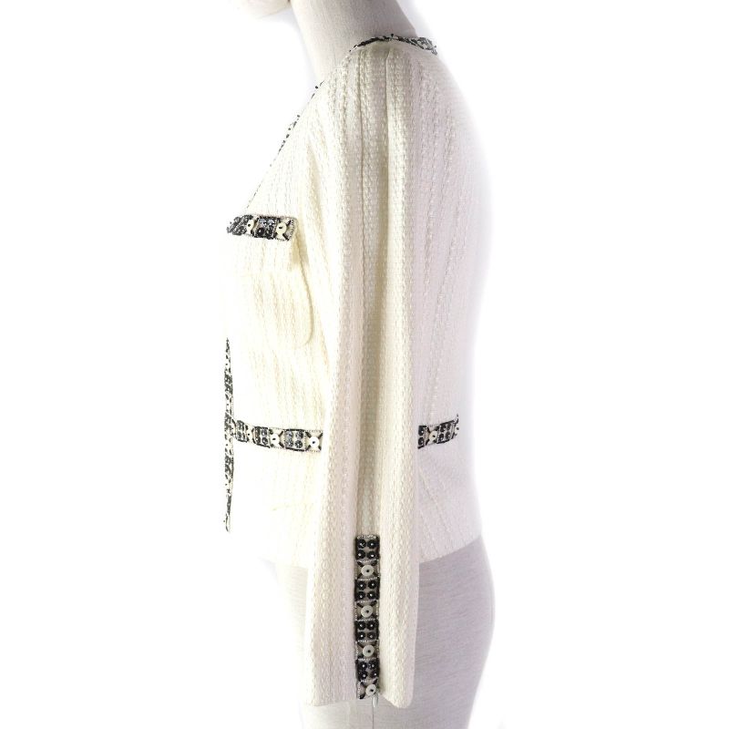CHANEL 03P P23760 Cotton Linen Coco Marks Motif Beaded Zip Up Collarless Jacket