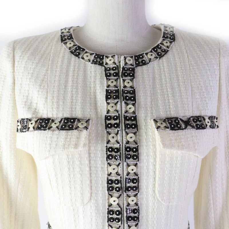 CHANEL 03P P23760 Cotton Linen Coco Marks Motif Beaded Zip Up Collarless Jacket