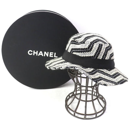 CHANEL Vintage Rare Lame Tweed Hat Black White Silver 57 With Box Made In