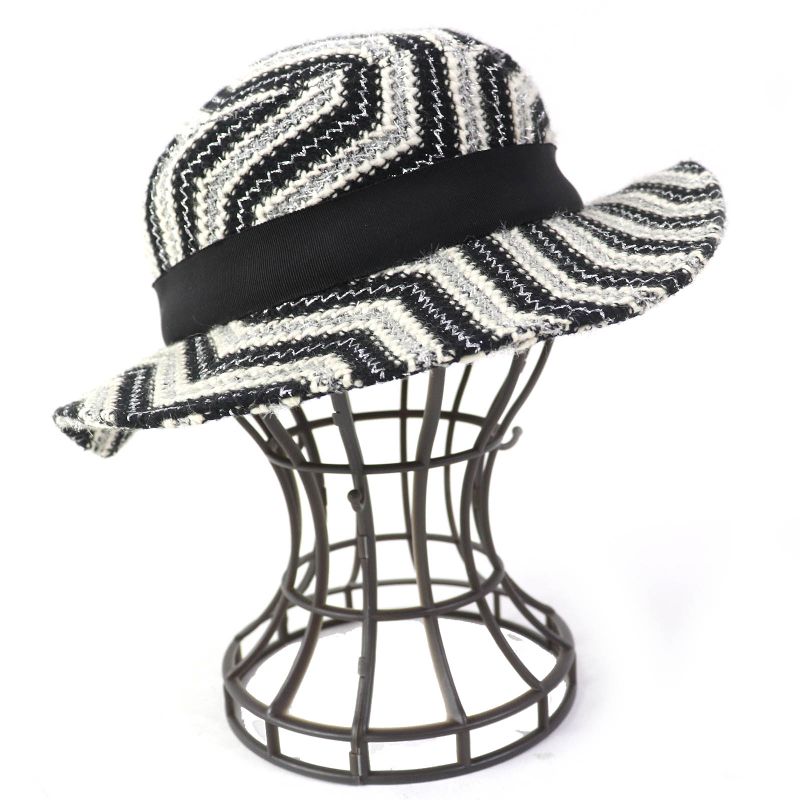 CHANEL Vintage Rare Lame Tweed Hat Black White Silver 57 With Box Made In