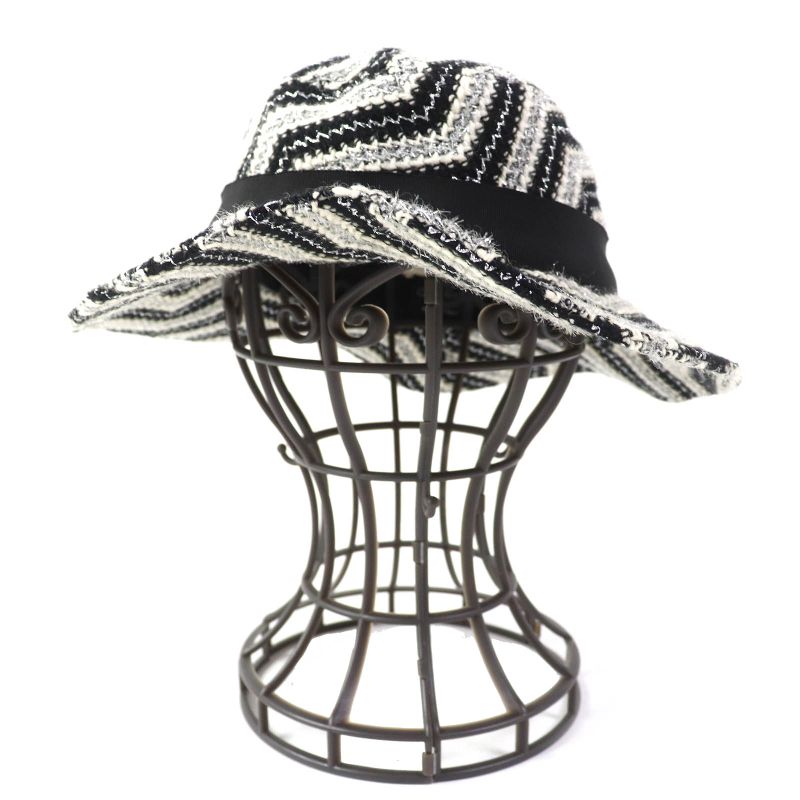 CHANEL Vintage Rare Lame Tweed Hat Black White Silver 57 With Box Made In