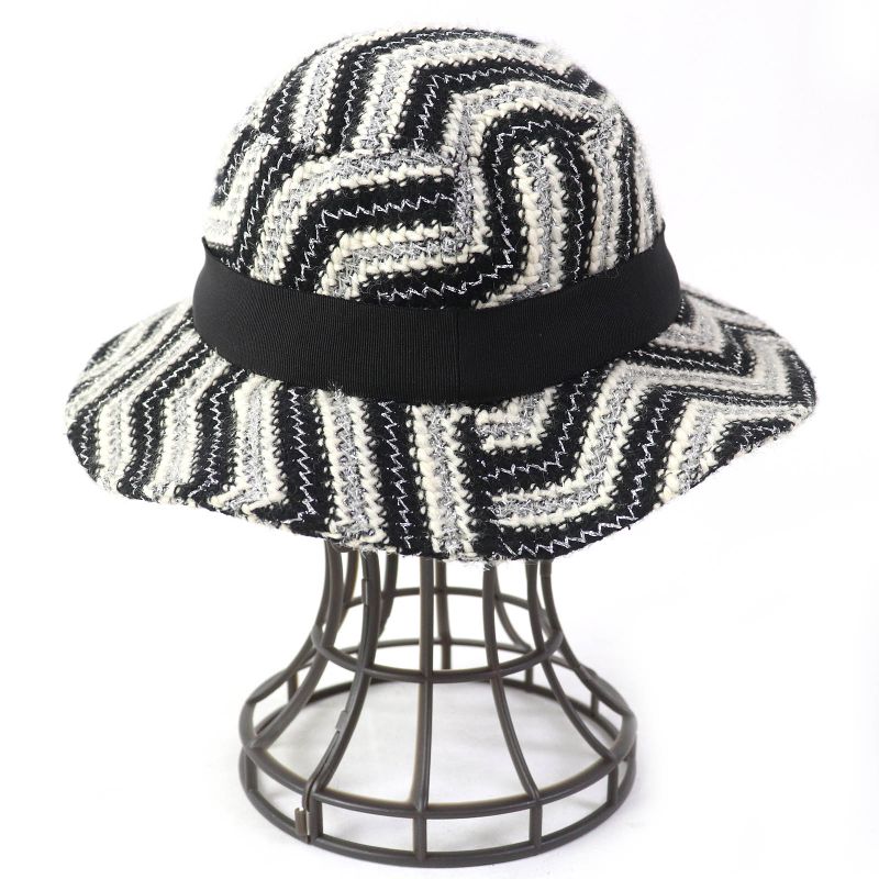 CHANEL Vintage Rare Lame Tweed Hat Black White Silver 57 With Box Made In