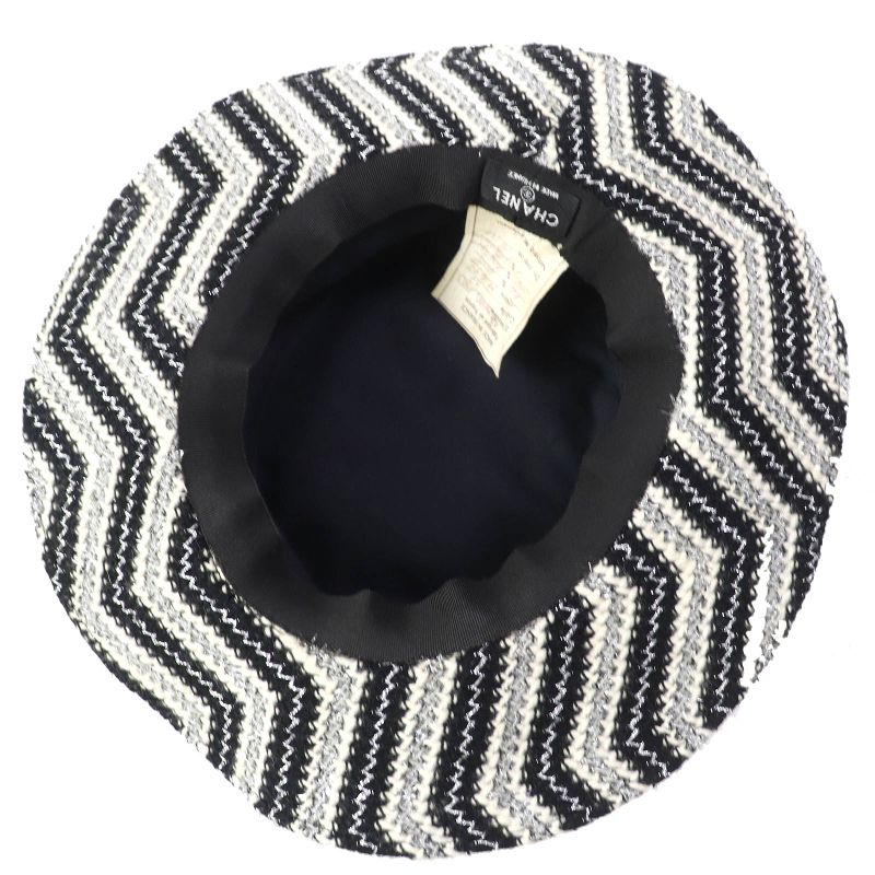 CHANEL Vintage Rare Lame Tweed Hat Black White Silver 57 With Box Made In
