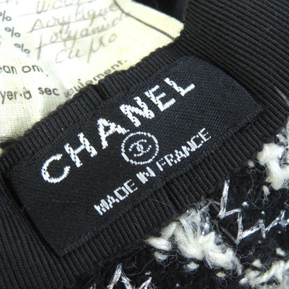CHANEL Vintage Rare Lame Tweed Hat Black White Silver 57 With Box Made In