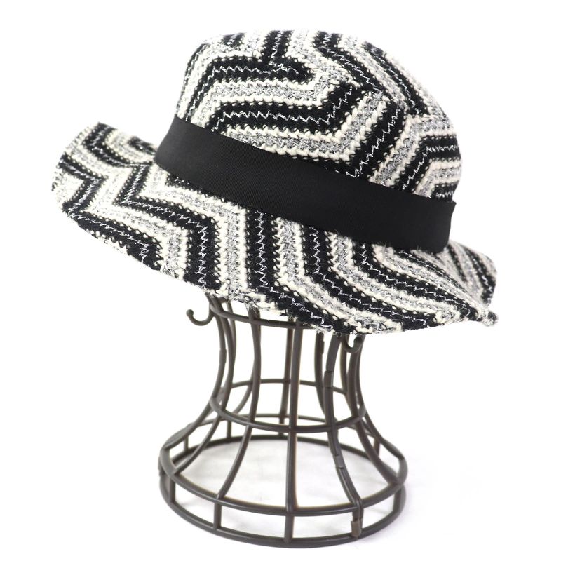 CHANEL Vintage Rare Lame Tweed Hat Black White Silver 57 With Box Made In