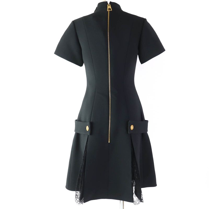 Louis Vuitton 2022 Wool Silk Preppy Martingale Dress With Lace LV Buttons Black
