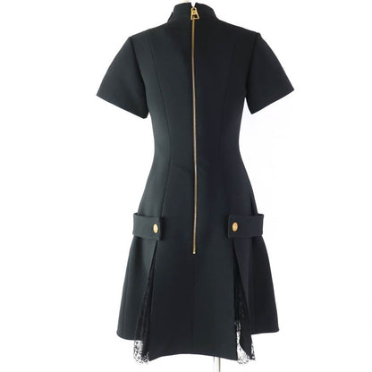 Louis Vuitton 2022 Wool Silk Preppy Martingale Dress With Lace LV Buttons Black