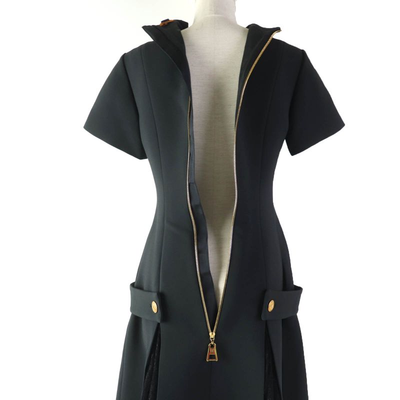 Louis Vuitton 2022 Wool Silk Preppy Martingale Dress With Lace LV Buttons Black