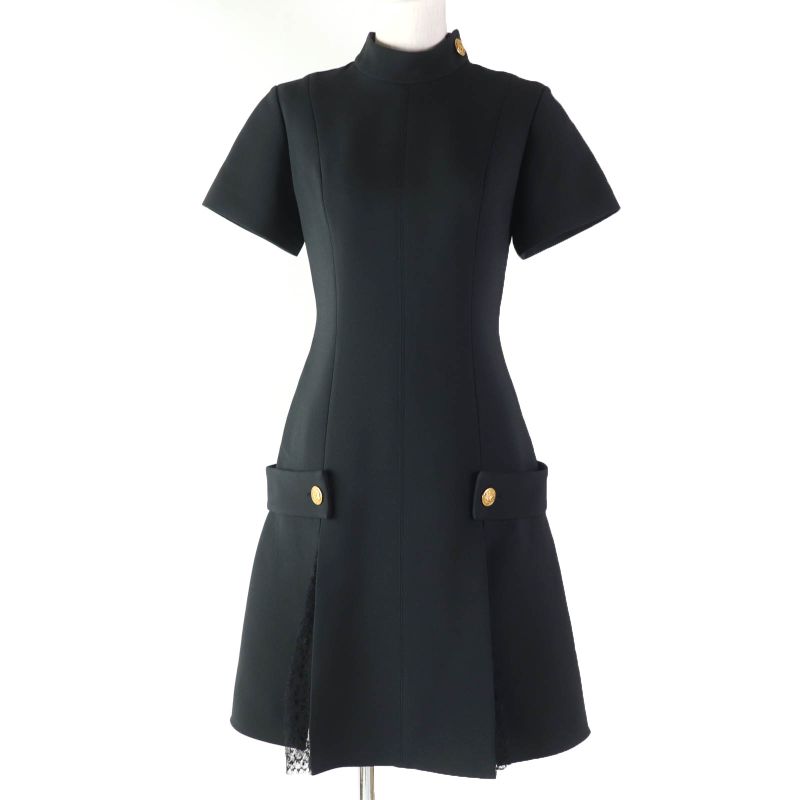 Louis Vuitton 2022 Wool Silk Preppy Martingale Dress With Lace LV Buttons Black