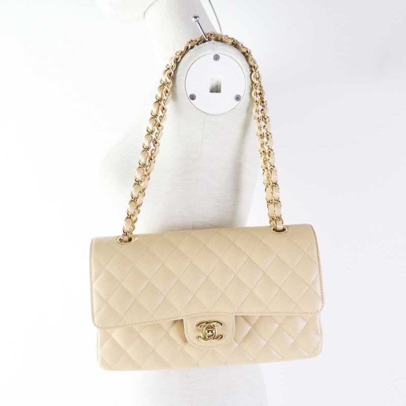 CHANEL A01112 Matelasse 25 Random Serial Caviar Skin Chain Shoulder Bag Beige