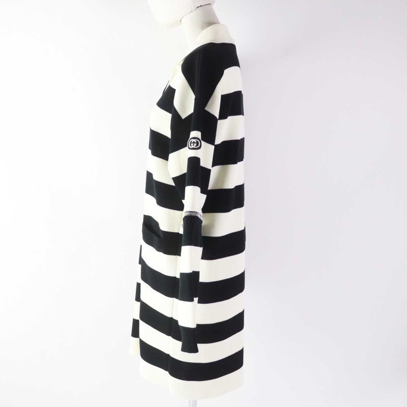 Gucci 23SS 731592 Striped 2WAY Sleeve Zip Knit Dress With Logo Patch White