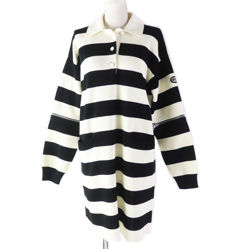 Gucci 23SS 731592 Striped 2WAY Sleeve Zip Knit Dress With Logo Patch White