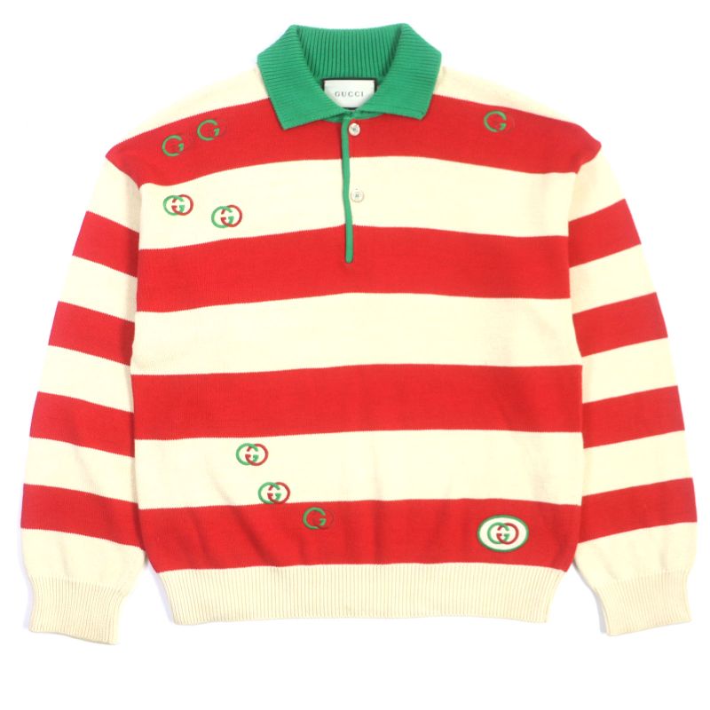 Gucci 571546 Interlocking G Striped Embroidered Knit Long Sleeve Polo Shirt