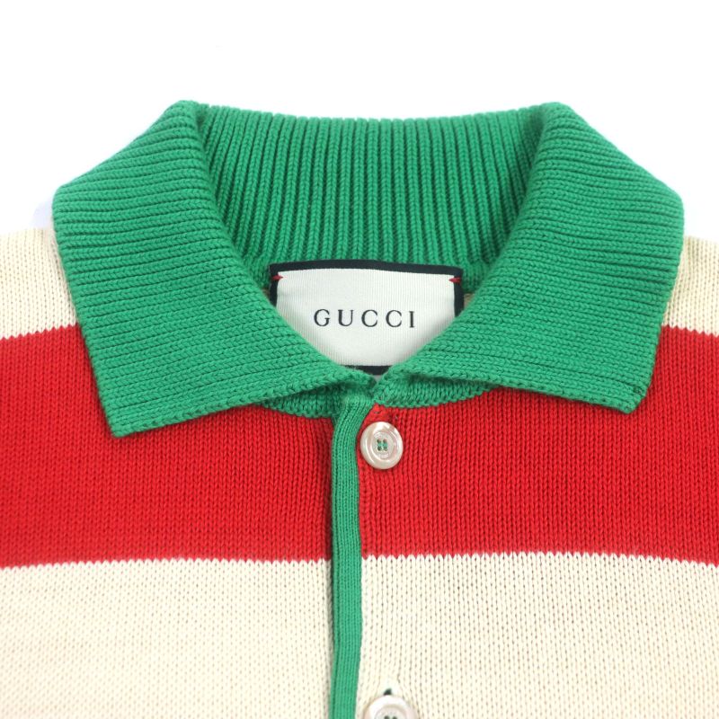 Gucci 571546 Interlocking G Striped Embroidered Knit Long Sleeve Polo Shirt