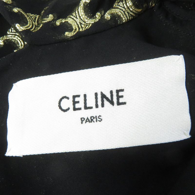 Celine 2r380805f Silk Triomphe Pattern Long Sleeve Dress With Ribbon Black Gold