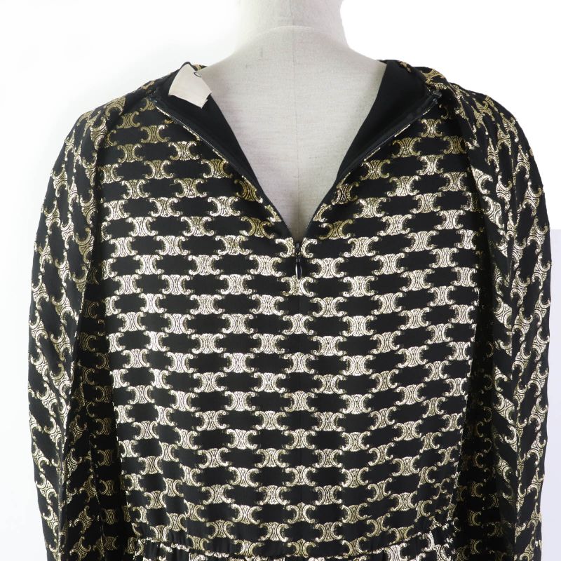 Celine 2r380805f Silk Triomphe Pattern Long Sleeve Dress With Ribbon Black Gold
