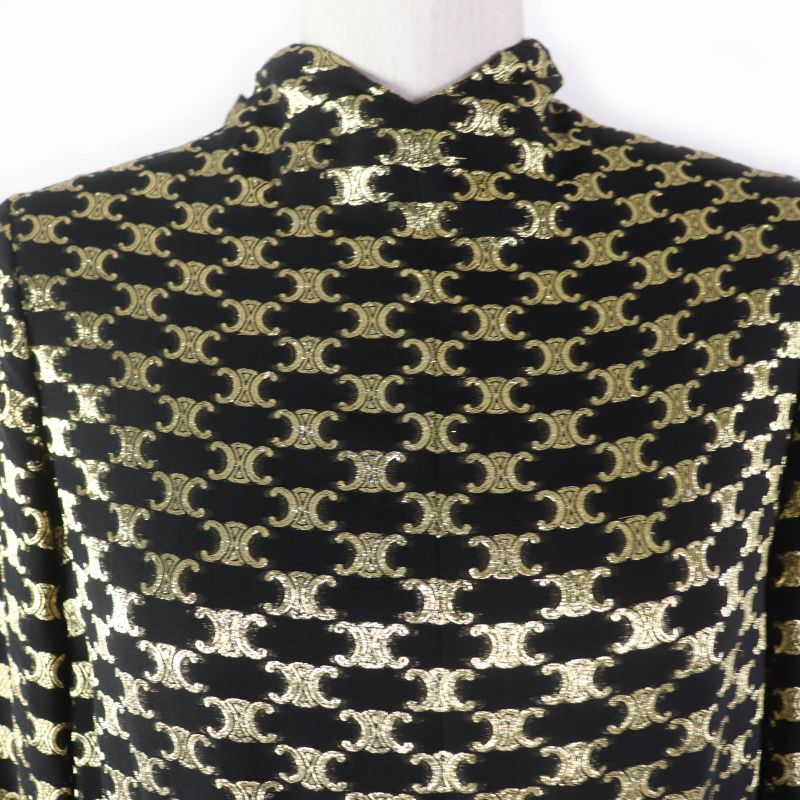 Celine 2r380805f Silk Triomphe Pattern Long Sleeve Dress With Ribbon Black Gold