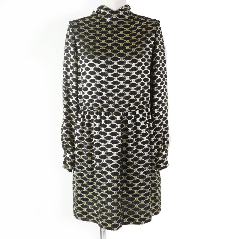 Celine 2r380805f Silk Triomphe Pattern Long Sleeve Dress With Ribbon Black Gold
