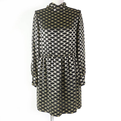 Celine 2r380805f Silk Triomphe Pattern Long Sleeve Dress With Ribbon Black Gold