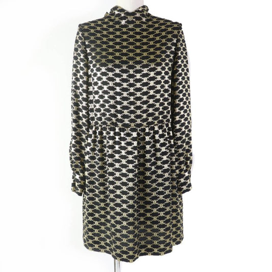 Celine 2r380805f Silk Triomphe Pattern Long Sleeve Dress With Ribbon Black Gold