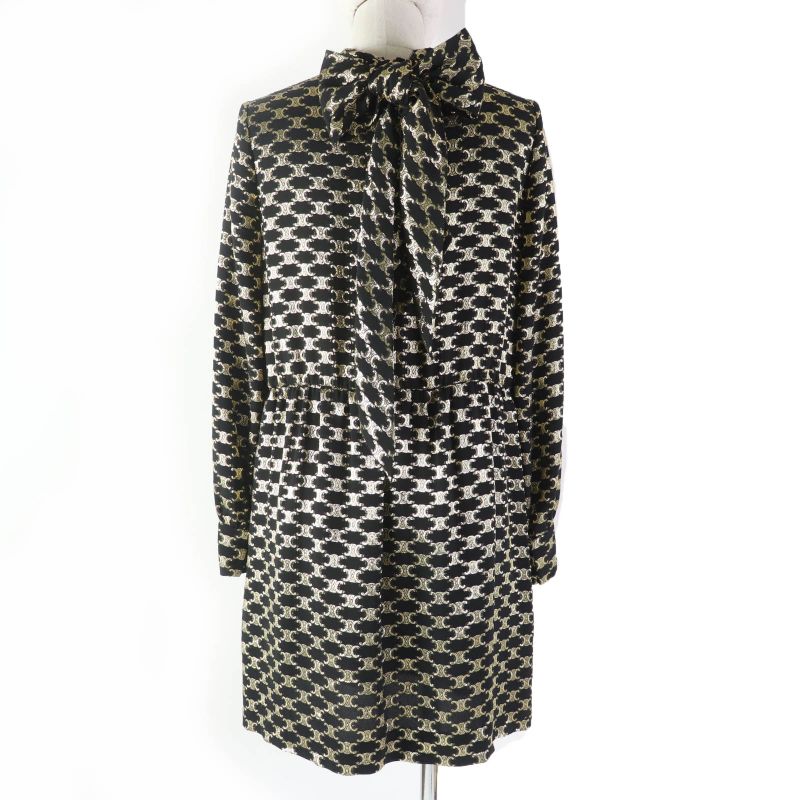Celine 2r380805f Silk Triomphe Pattern Long Sleeve Dress With Ribbon Black Gold