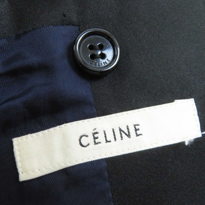Celine Phoebe Period Wool 100% Silk Front Open Crombie Coat Navy Black 36 Made