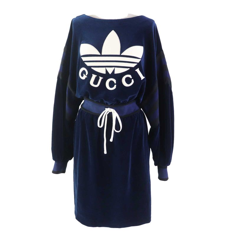 Gucci Adidas 23SS 695679 Trefoil Embroidery Chenille Dress Navy S Made In