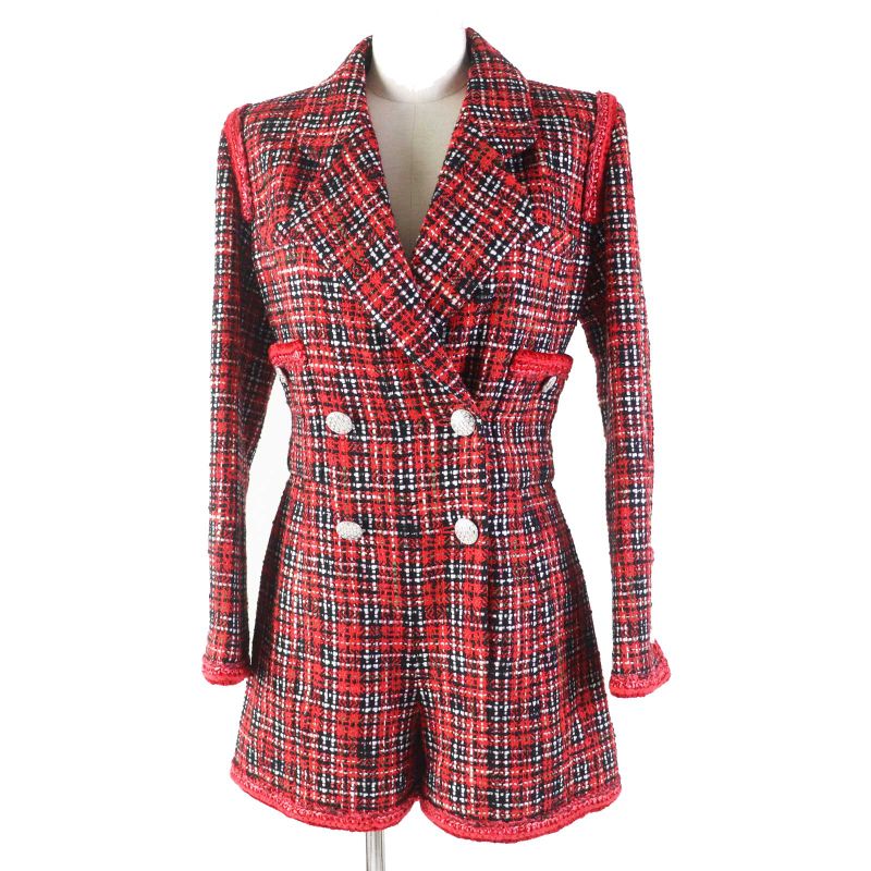 CHANEL 20S P64165 Runway Wear Silk Tweed Jumpsuit With Coco Mark Buttons Red